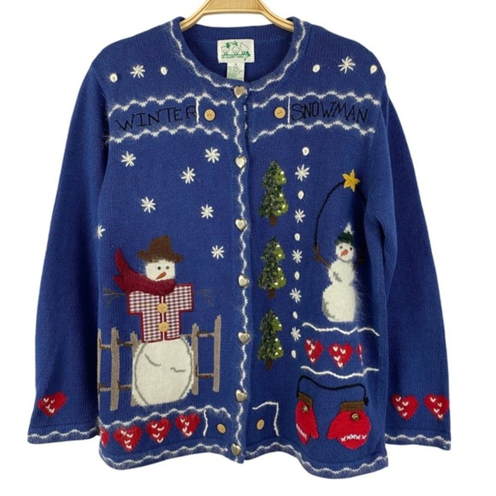 VTG 90s Quacker Factory Snowman Cardigan Ugly Sweater Women M Blue Grandmacore‎
